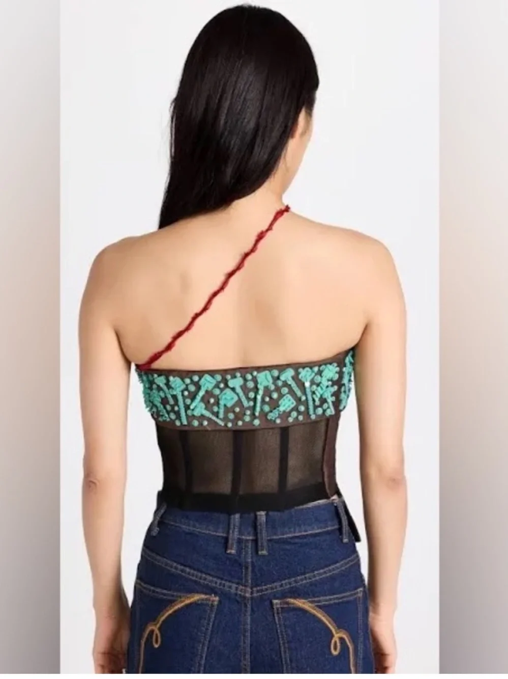 Tory Burch Lollipop Linen Beaded Strapless Bustier Top